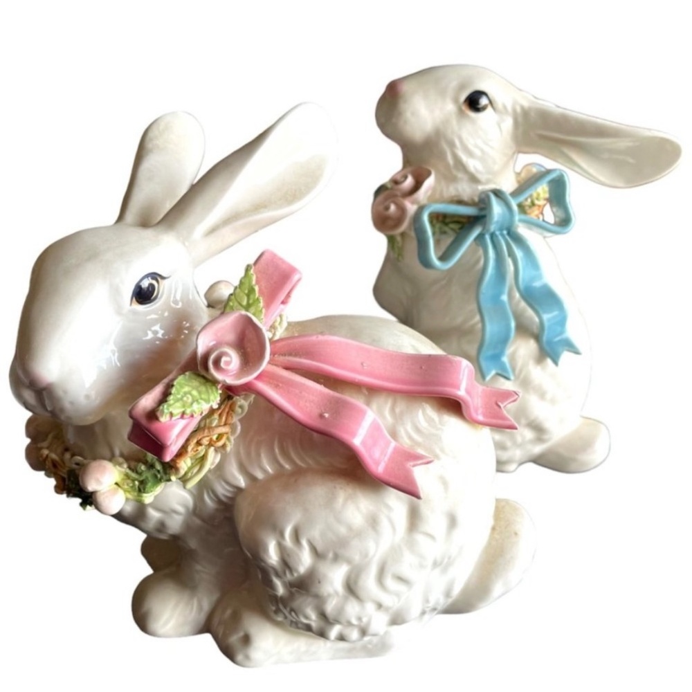 Vtg NEIMAN MARCUS handpainted Ceramic Bunnies Flowers Bows c.1988 Taiwan